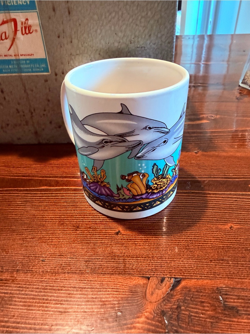 Vintage Sea World Mug - White with Teal Dolphin Graphic - Picture 2 of 2